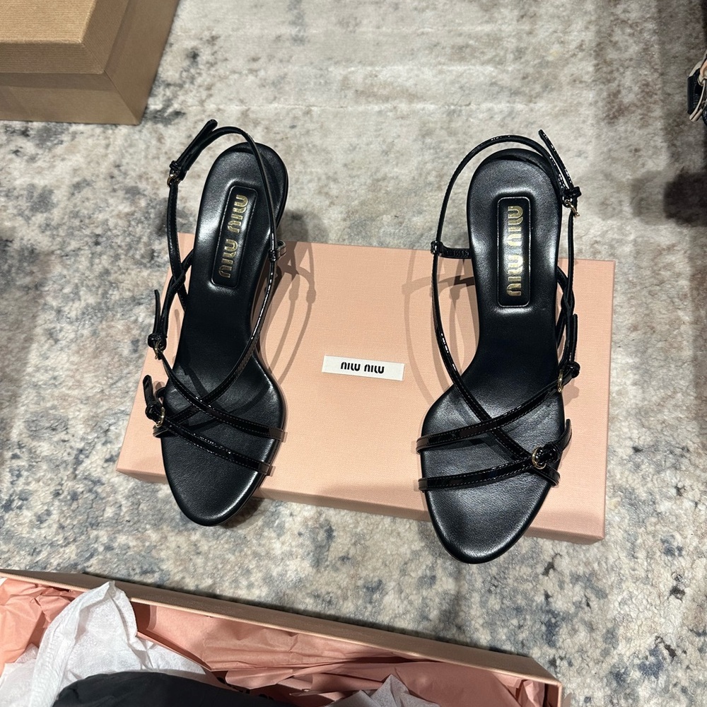 Miu Miu Patent Black Strappy Heels BRAND NEW NEVER WORN IN BOX - Picture 2 of 5
